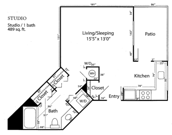 Floor plan for studio, 1 bath, 489 sqft